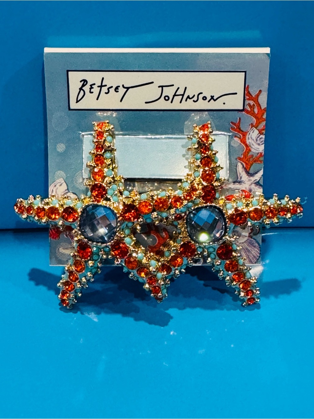 NWT Betsey Johnson Orange Starfish Earrings with Blue Crystal Accents